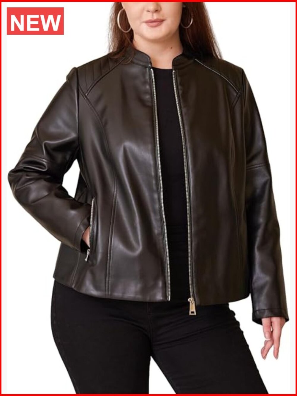 Women Plus Size Faux Leather Motorcycle Biker Coat with Quilted Shoulders